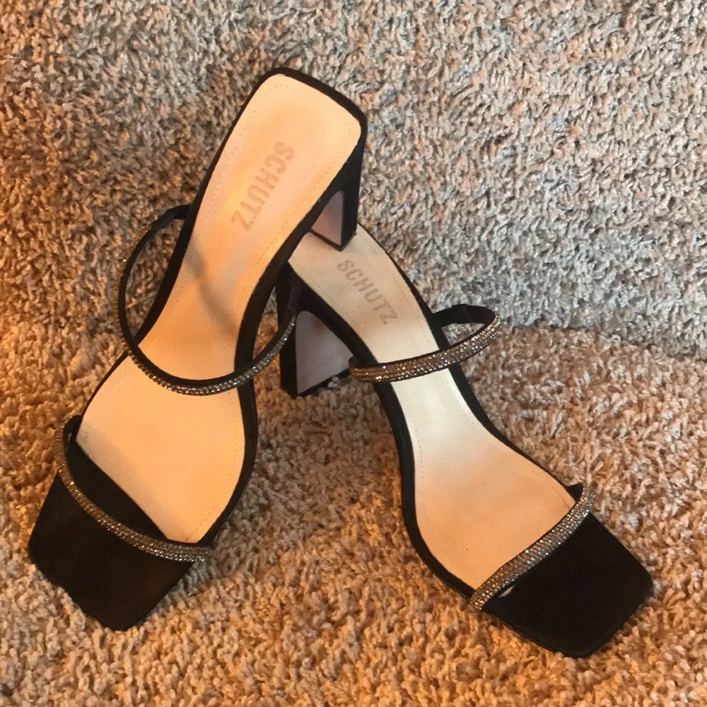 Schutz Salwa Black Suede Rhinestone Strap Sandals size 10.5